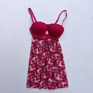 Pink Red Floral Mesh Babydoll Dress Lace Push-Up Bra Lingerie Size S Valentine's